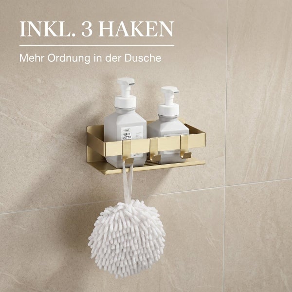 Goldfarbenes Duschregal aus Metall zur Wandmontage mit drei Haken für Ordnung in der Dusche inklusive zwei Seifenspendern.