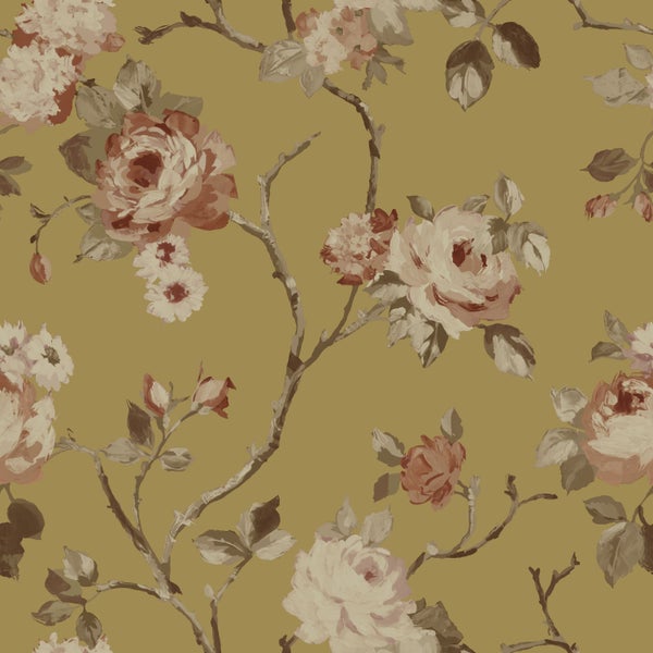ESTAhome Tapete Blumenmuster Gold und Terrakottarosa - 53 cm x 10.05 m - 139762