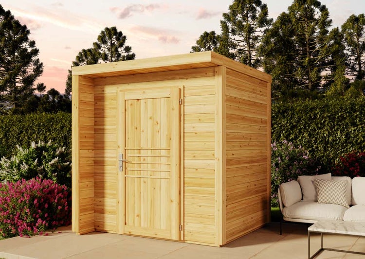 Alpholz Gartenhaus Bratek 19 Gerätehaus aus Holz, Geräteschrank mit 19 mm Wandstärke, Gartenhaus mit Montagematerial, Naturbelassen 2x2m