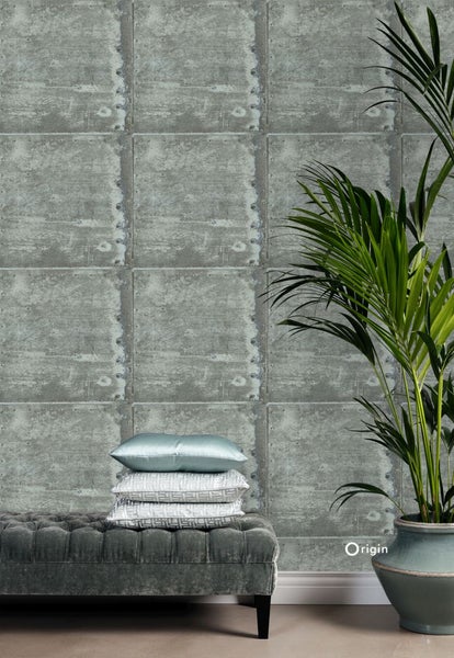 Origin Wallcoverings Tapete große verwitterte rostige Metallplatten Lagunengrün - 53 cm x 10.05 m - 337228