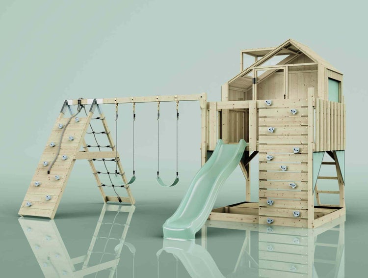 Spielturm aus Holz mit Spielhaus, Rutsche, Doppelschaukel, Sandkasten und Klettergerüst für den Garten.