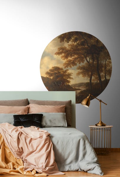 ESTAhome selbstklebende runde Tapete bewaldete Landschaft Orange - Ø 140 cm - 159012