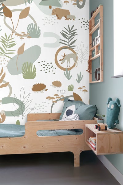 ESTAhome Fototapete Wald mit Waldtieren Graugrün und Beige - 200 x 279 cm - 159256
