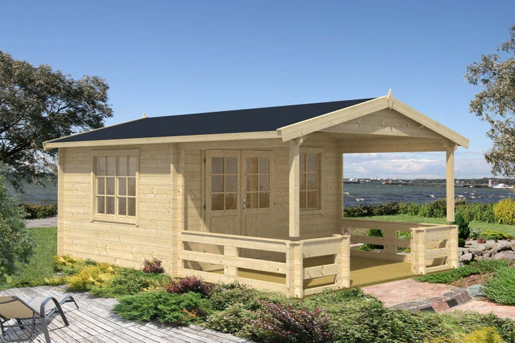 Alpholz Gartenhaus Falkland-44 ISO Gartenhaus aus Holz in natur, Holzhaus mit 44 mm Wandstärke inklusive Terrasse FSC zertifiziert, Blockbohlenhaus mit Montagematerial imprägniert