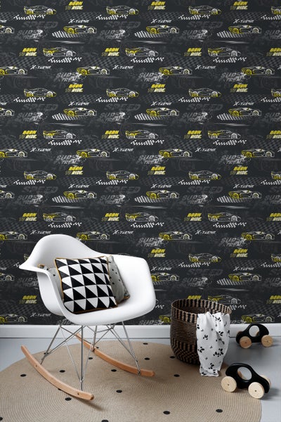 Sanders und Sanders Tapete Rennwagen Gelb und Schwarz-Weiß - 50 x 900 cm - 935365