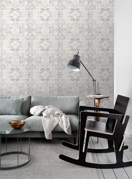 ESTAhome Tapete orientalisches Kelim-Patchwork Hellgrau - 53 cm x 10.05 m - 148654