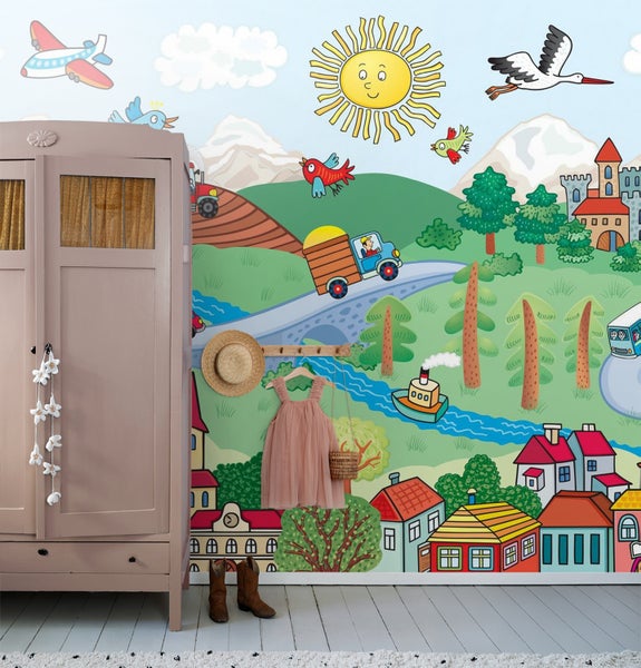 Kinderzimmer mit bunt bemalter Wand, Kleiderschrank, Kleid und Stiefeln