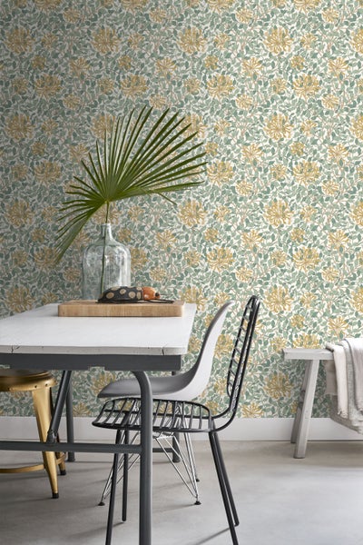 ESTAhome Tapete Blumen Türkis und Ockergelb - 50 x 900 cm - 131031