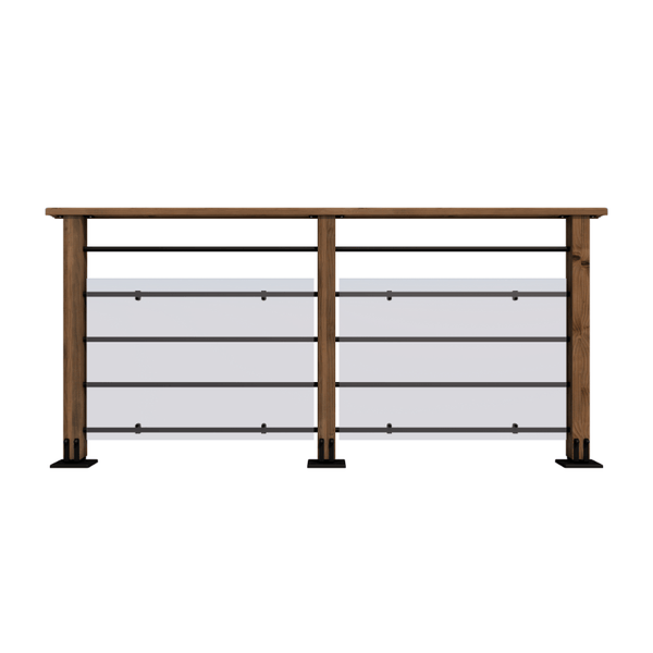 Balkongeländer aus Holz mit schwarzen Metallstäben und Glasfüllungen.