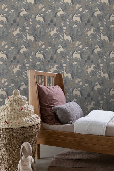ESTAhome Tapete Einhörner Graublau - 50 x 900 cm - 139874