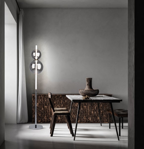 LED Stehleuchte NOVA Stehlampe mit Dimmfunktion aus chromfarbenem Metall, Kunststoff und Rauchglas, mit fest verbauten LEDs , ca 150 cm hoch