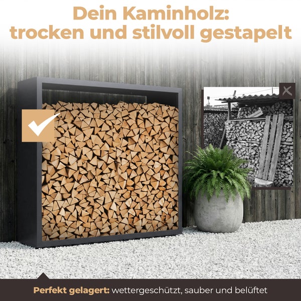 Schwarzes Metall-Kaminholzregal mit ordentlich gestapeltem Holz vor einer Holzwand, wettergeschützt und belüftet für optimale Lagerung.