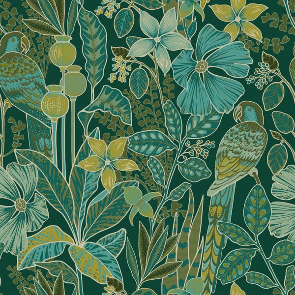 ESTAhome Tapete tropischen Blumen und Paradiesvögeln Dunkelgrün - 50 x 900 cm - 131158