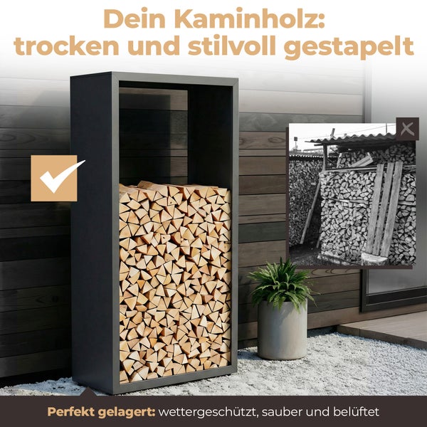 Modernes Kaminholzregal aus Metall für wettergeschützte Brennholzlagerung im Freien im Vergleich zur ungeeigneten Lagerung.