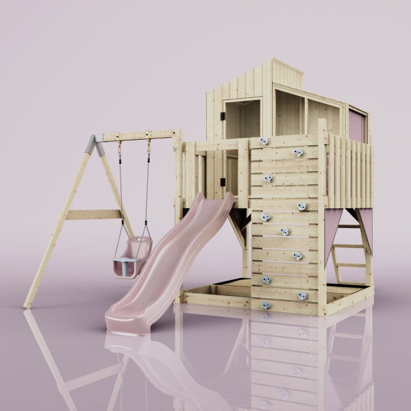 Spielplatz mit Rutsche, Schaukel, Kletterwand und Sandkasten aus Holz