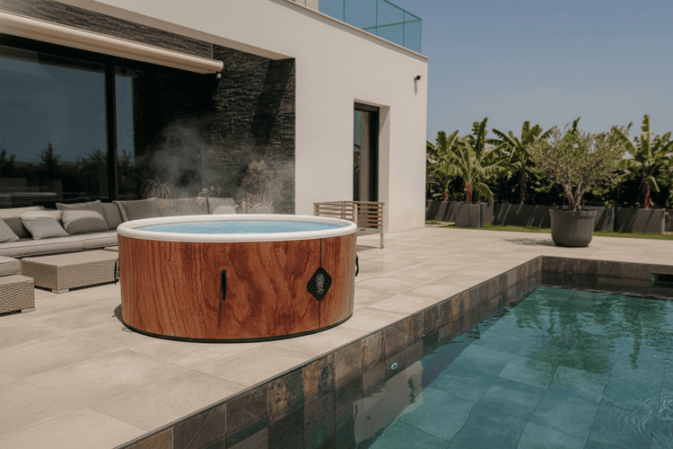 Runder Whirlpool in Holzoptik auf einer modernen Terrasse neben einem Pool mit Loungemöbeln und Pflanzen in heller, weitläufiger Umgebung.