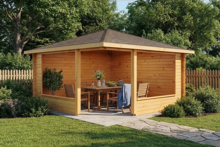 Moderner Gartenpavillon aus Holz mit Walmdach, ausgestattet mit einer Sitzgruppe, auf einer Steinterrasse in einem hellen, gepflegten Garten.