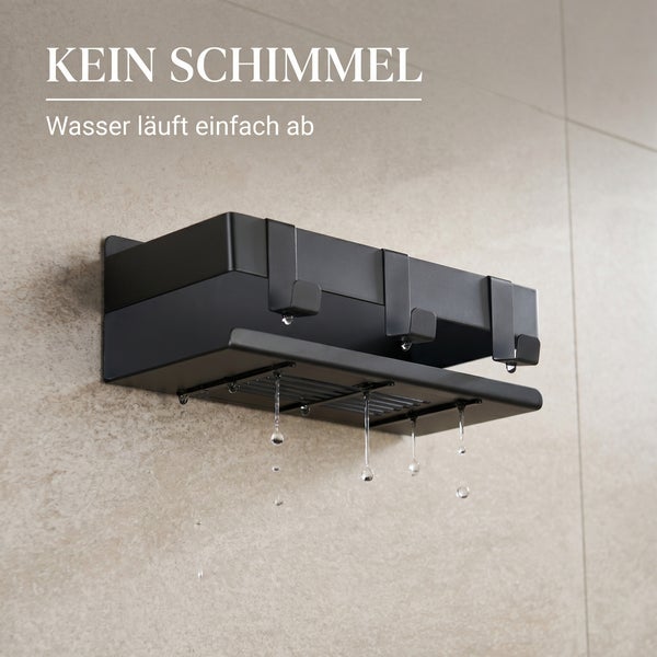 Schwarze Wand-Duschablage mit Haken und Schlitzboden für den Wasserablauf zur Vermeidung von Schimmel.
