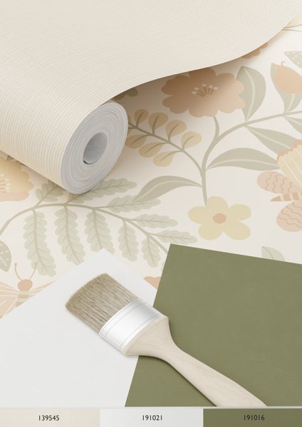 ESTAhome Tapete Blumen und Vögel Beige, Grün und Hellrosa - 53 cm x 10.05 m - 139867