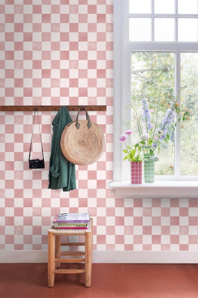 ESTAhome Tapete Karomuster Rosa und Weiß - 50 x 900 cm - 131288