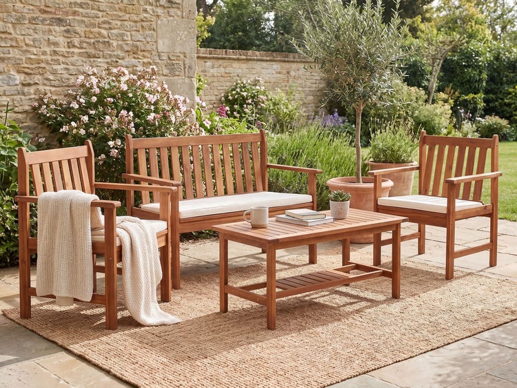 Gartenmöbel Set aus Holz bestehend aus zwei Stühlen, einer Bank und einem Couchtisch mit Auflagen auf einer Terrasse vor einer Steinmauer.