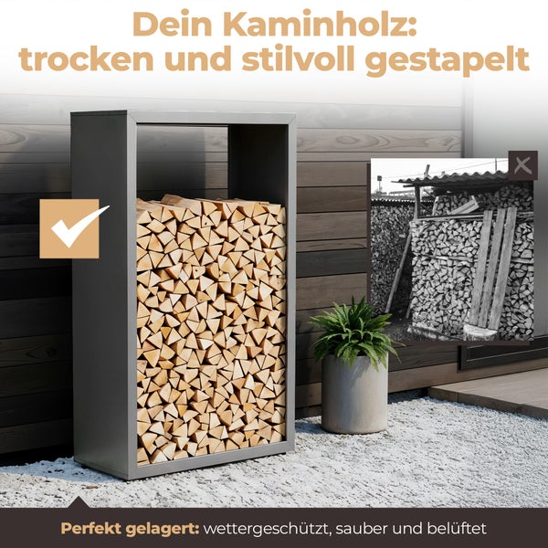 Kaminholzregal aus Metall mit gestapeltem Holz