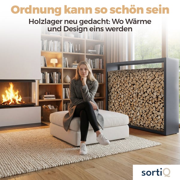 Helles, organisiertes Wohnzimmer mit brennendem Kamin, Sitzhocker, Bücherregal und einem Kaminholzregal aus Metall mit Holzscheiten. Sortiq Logo.