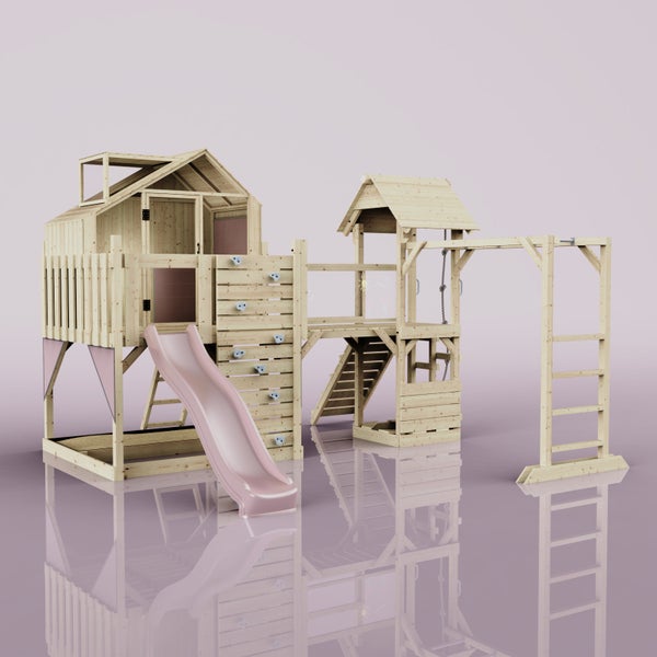 Holzspielhaus mit Rutsche, Kletterwand und Schaukel