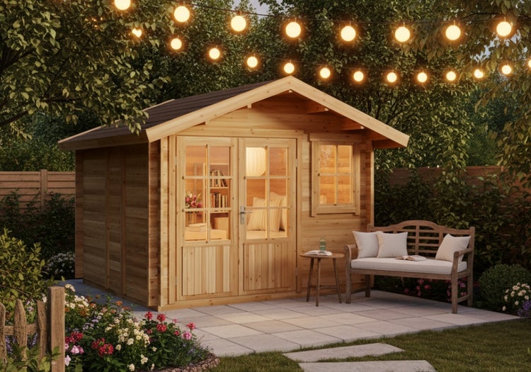Holzgartenhaus mit Doppeltür und Fenster, Bank und Lichterkette im Garten.