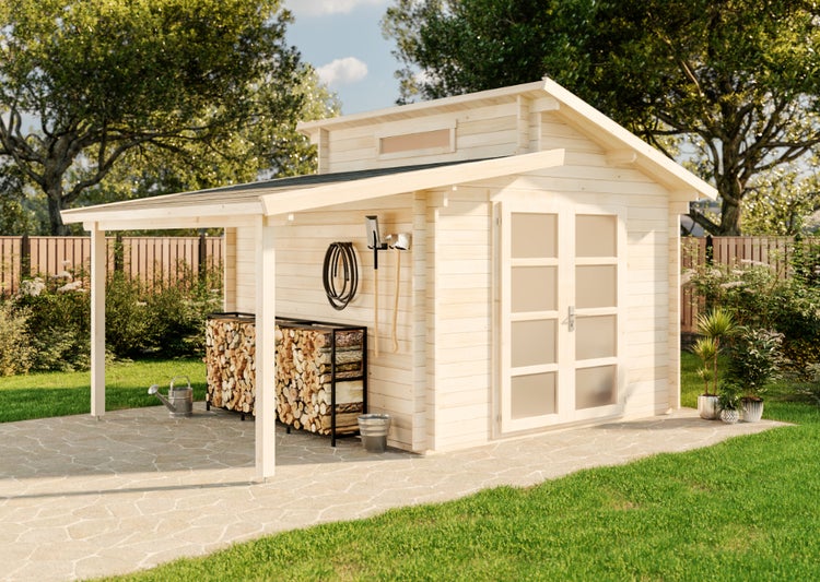 Alpholz Gartenhaus Aktiva mit Schleppdach aus Holz mit 28mm Wandstärke, 320 x 320 cm + 150 cm in Imprägnierung Pinie
