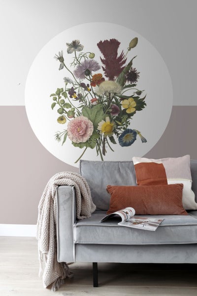 ESTAhome selbstklebende runde Tapete Blumenstrauß Grün, Rosa und Gelb - Ø 140 cm - 159020
