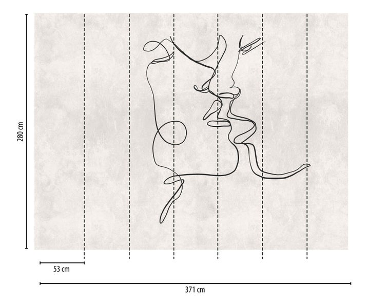 Fototapete mit abstrakter Zeichnung zweier sich küssender Gesichter und Maßangaben