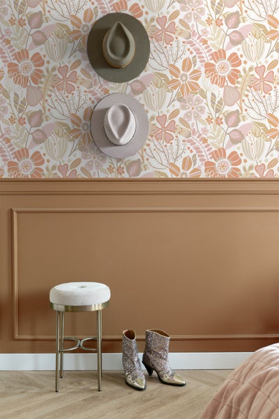 ESTAhome Tapete Blumenmuster Violettrosa, Terrakotta und Beige - 50 x 900 cm - 139674