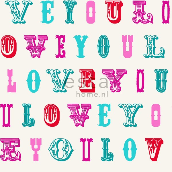ESTAhome Tapete love you - Sprüche Türkis und Rosa - 53 cm x 10.05 m - 136832