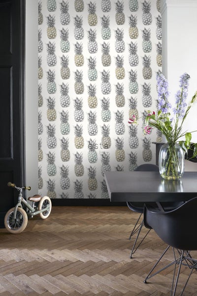 ESTAhome XXL-Vliestapete Ananasse Beige, Mintgrün und Grau - 50 x 900 cm - 158606