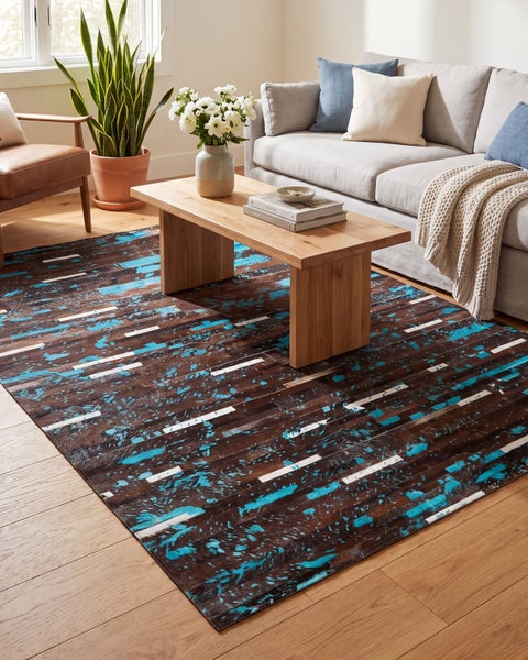 Wohnzimmer mit modernem Teppich mit Patchwork Muster aus Rindsleder, platziert unter einem Holztisch vor einem grauen Sofa auf Parkettboden.
