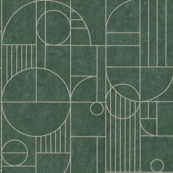 Wohnzimmer mit grüner geometrischer Mustertapete, Sofa und Sessel