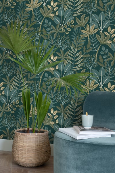 ESTAhome Tapete Blätter Dunkelblau und Grün - 50 x 900 cm - 139681