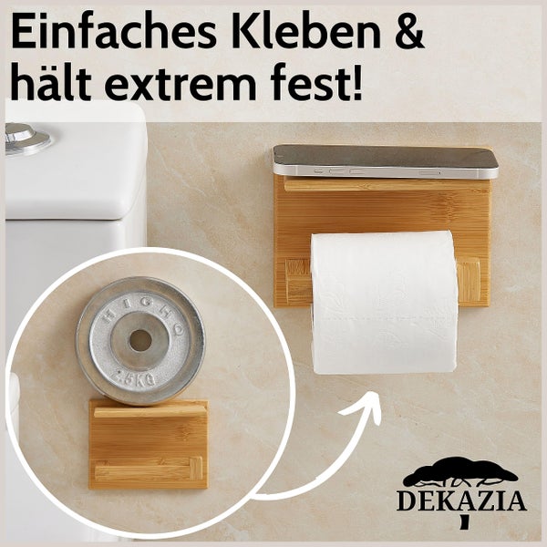 Selbstklebender Toilettenpapierhalter aus Bambus mit Smartphone-Ablage, Traglasttest mit 2,5 Kilogramm Gewicht, Dekazia Logo.