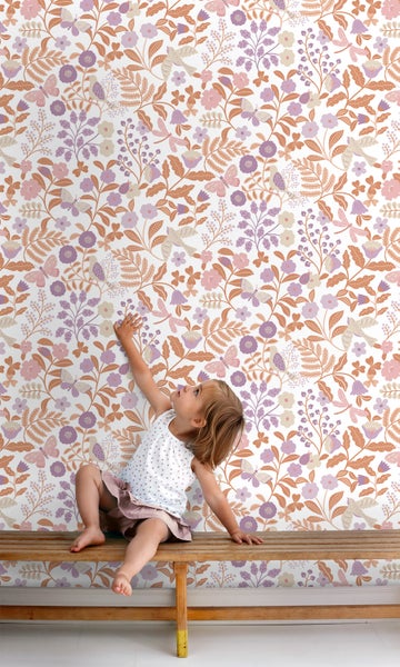 ESTAhome Tapete Blumen und Vögel Violett und Terrakotta - 53 cm x 10.05 m - 131392