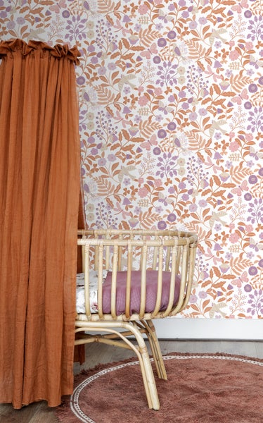ESTAhome Tapete Blumen und Vögel Violett und Terrakotta - 53 cm x 10.05 m - 131392