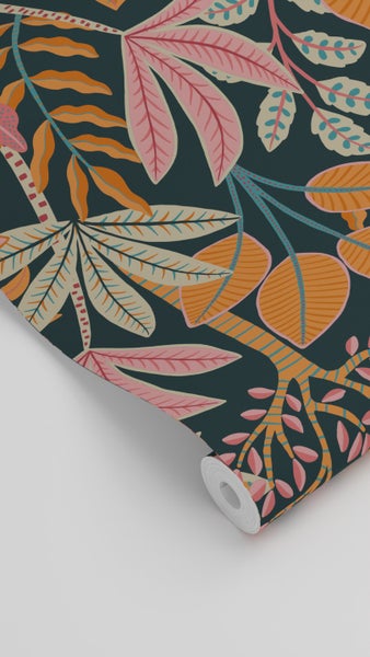 ESTAhome Tapete Blätter Orange, Rosa und Dunkelblau - 50 x 900 cm - 130993