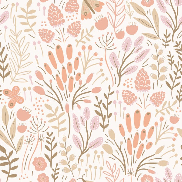 Tapete mit Blumen-, Blätter-, Schmetterlings- und Mottenmuster