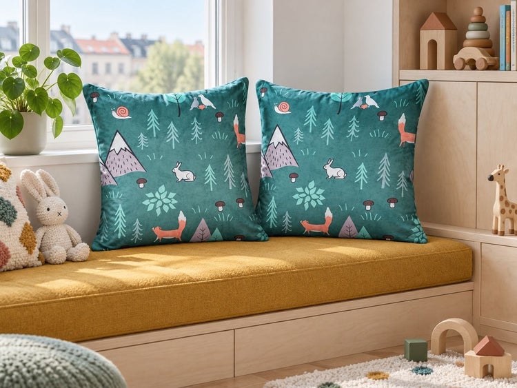 Zwei quadratische Dekokissen mit Waldmotiv in Kinderzimmer mit Sitzbank und Holzmöbeln.