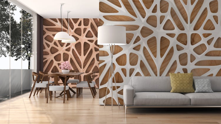 Modernes Wohnzimmer und Essbereich mit strukturierten 3D-Wandpaneelen in Holzoptik, hellem Sofa, Stehlampe und hölzernem Esstisch.