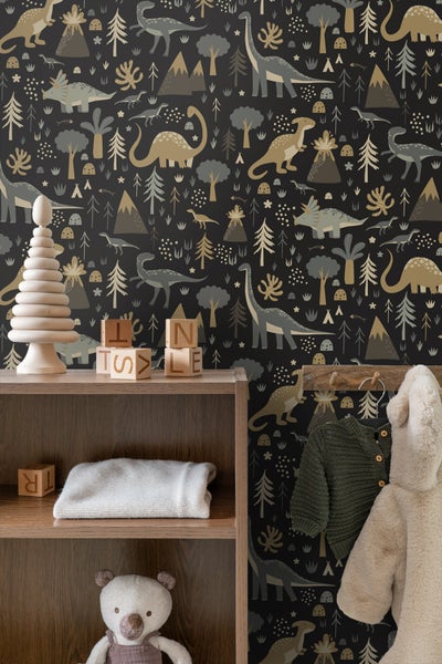 ESTAhome Tapete Dinosaurier Graublau, Braun und Schwarz - 50 x 900 cm - 139803