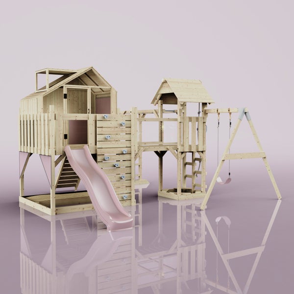 Spielplatz mit Rutsche, Kletterwand und Schaukel aus Holz