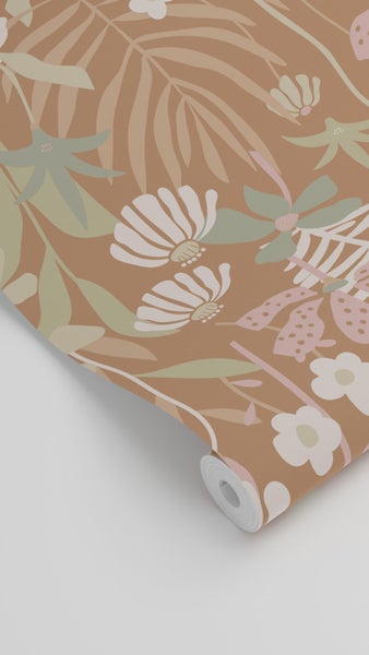 ESTAhome Tapete tropische Blätter und Blüten Hellbraun und Mehrfarbig - 50 x 900 cm - 130996