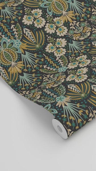 ESTAhome Tapete Blumenmuster im Jugendstil Graugrün, Blau und Beige - 50 x 900 cm - 130994