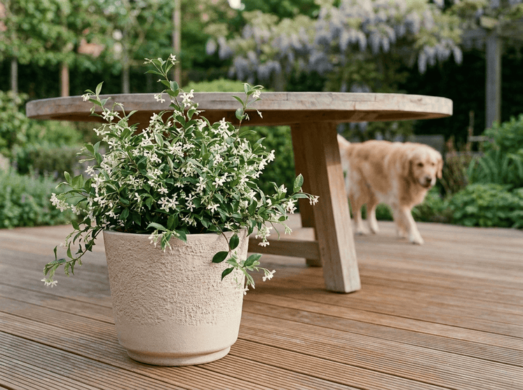 Blühender Sternjasmin in einem strukturierten Pflanzkübel auf einer Holzterrasse mit Holztisch und Hund im Hintergrund